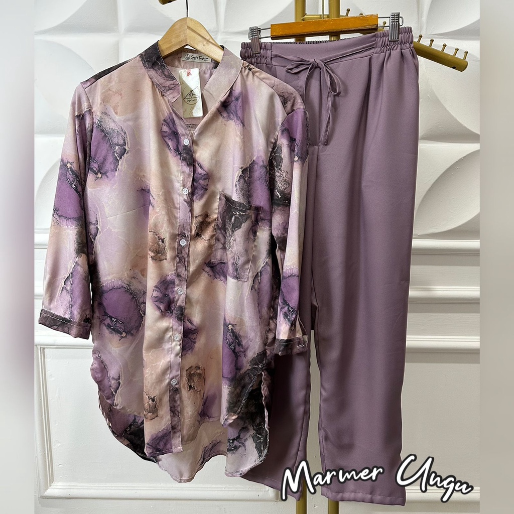 Oneset Motif Marmer Setelan Bahan Syakila Twill Kemeja Set Celana Panjang
