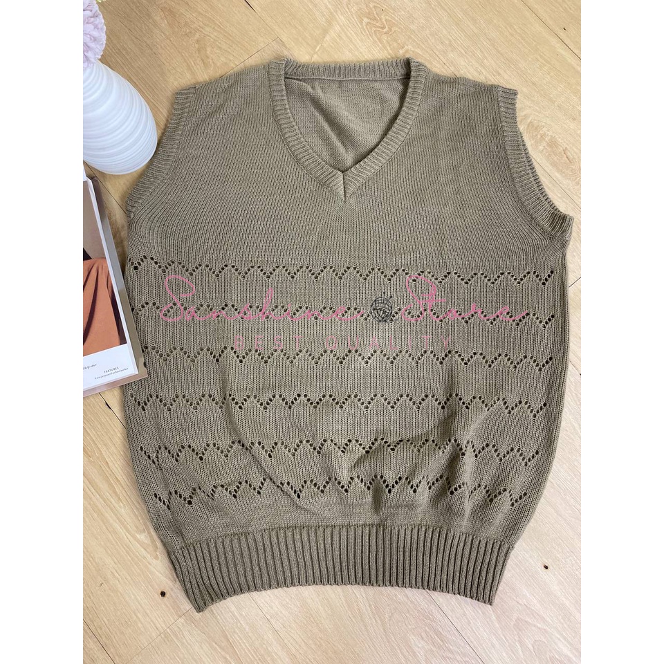 Rompi Rajut Wanita Jumbo Knit Vest Kerah Bulat Kutung Motif Bolong Bolong