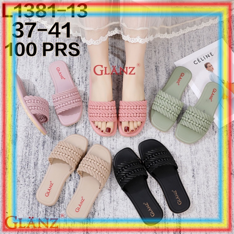 L1381-13 Sandal Selop Wanita Karet Glanz Sendal Slop Cewek Karet Motif Kepang Mutiara Glanzton