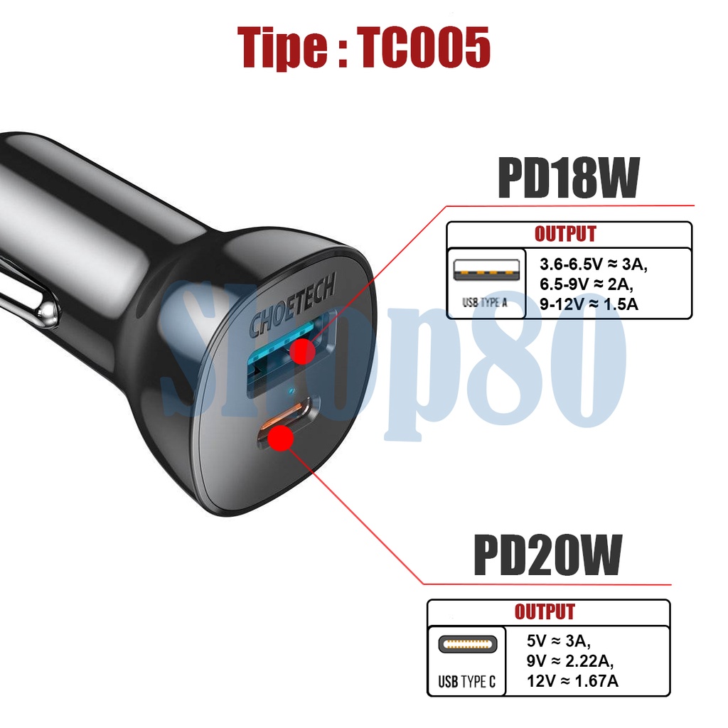 Choetech Car Charger Type C 20W USB 18W Fast Charging Mobil PD QC 3.0 Dual Type C USB 40W / 38W