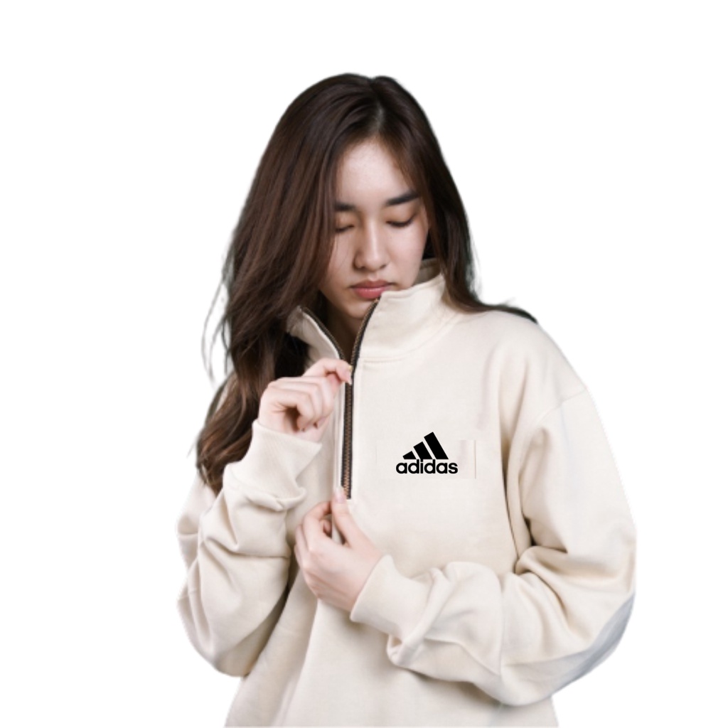 Sweater Running Adidas Basic Half Zipper Logo Beige Premium