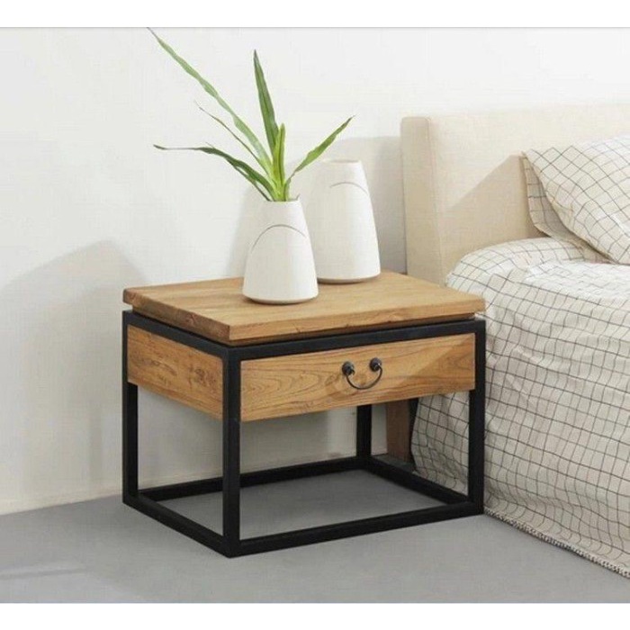 RAY Nakas Frame Besi Kayu Jati Minimalis Modern - Lemari Nakas Elegan