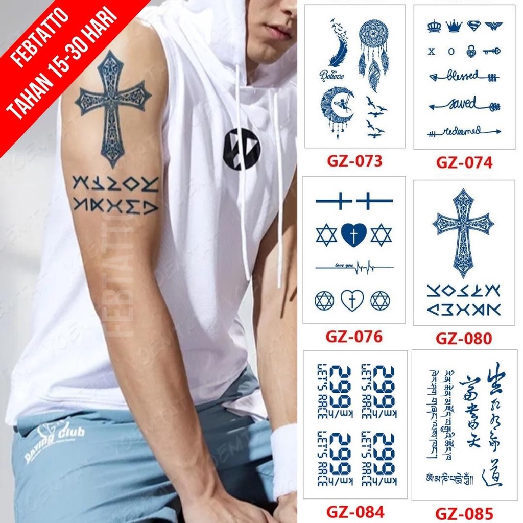 Tato Temporer Ukuran 18cm x 11cm Motif GZ 080 Salib Tulisan Aesthetic Tahan Lama Tatto Temporary sti