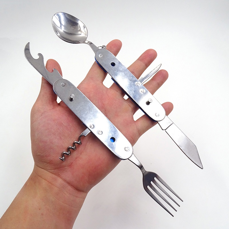 Peralatan Makan Sendok Garpu Piau Lipat Set Portable Perjalanan Hiking Stainless Steel Saku Pisau