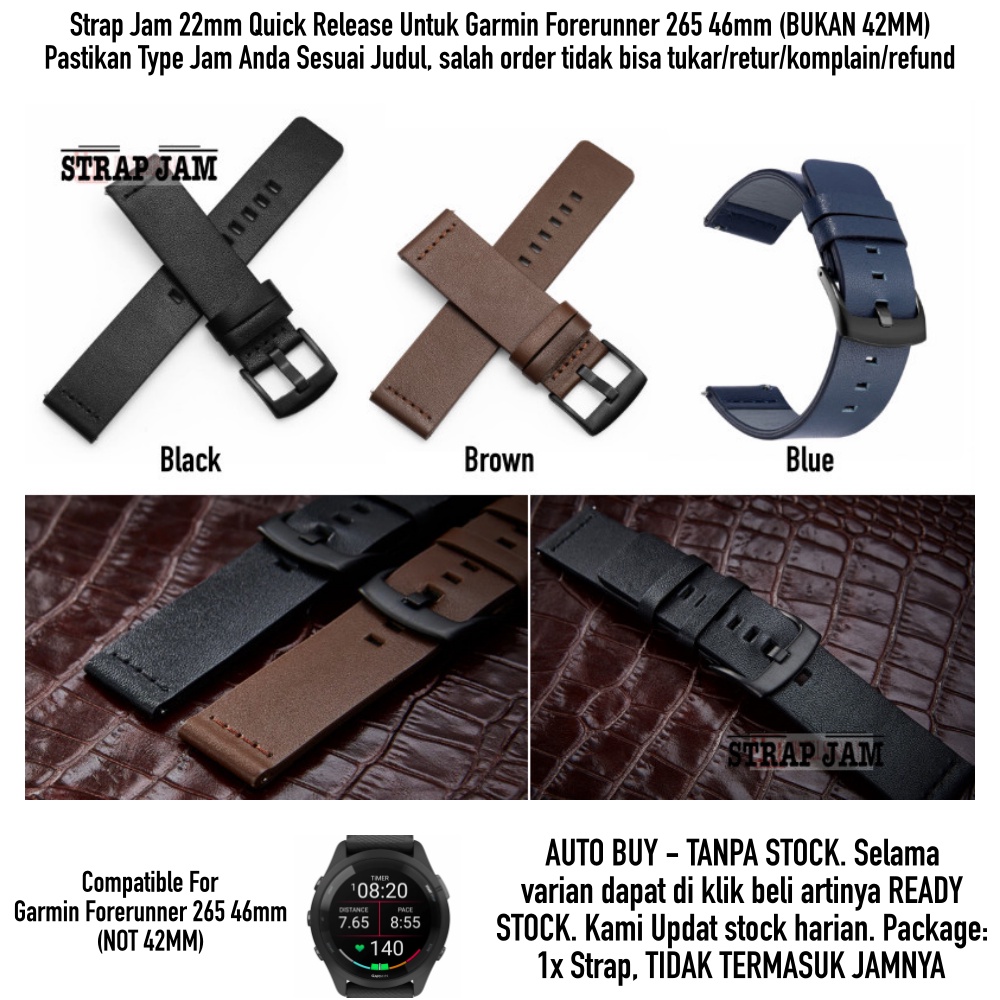 Modern Tali Jam Tangan Garmin Forerunner 265 46mm - Strap 22mm Leather Kulit Buckle Hitam