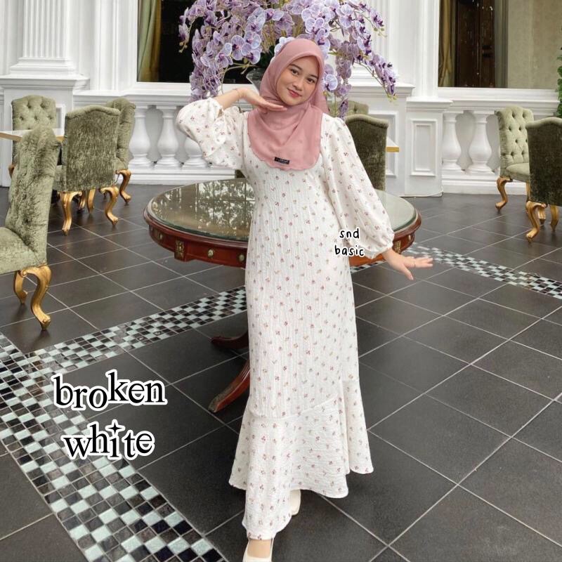 SHAKIRA DRESS | GAMIS MOTIF BUNGA KATUN FLOWER CRINKLE JUBAH ABAYA LEBARAN-broken white
