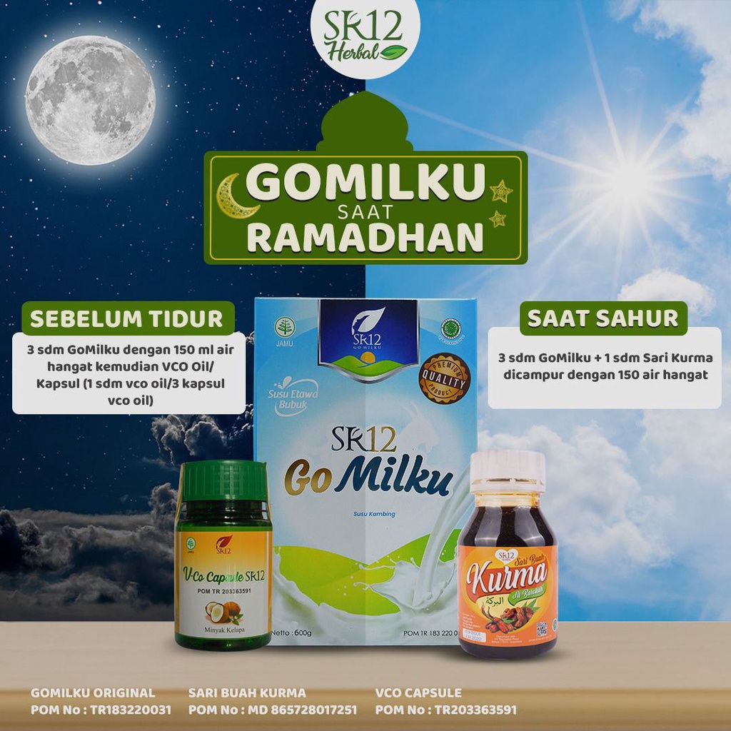 Paket sahur Ramadhan SR12 Go milku SUSU ETAWA TERBAIK GOMILKU SUSU KAMBING KUALITAS PREMIUM GOAT MILK SUSU BUBUK BPOM SARI BUAH KURMA AL BAROKAH SR12 SARI KURMA ASLI MENINGKATKAN STAMINA TUBUH MENCEGAH ANEMIA