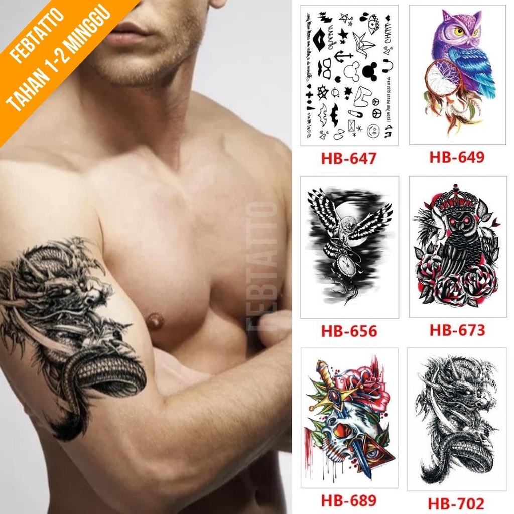 Tato Temporer Ukuran 21cmx15cm Motif Aesthetic Tatto Temporary Stiker Tato Halal Grosir Tato air motif jangkar, bintang, burung hantu, pedang, bunga, naga HB 702