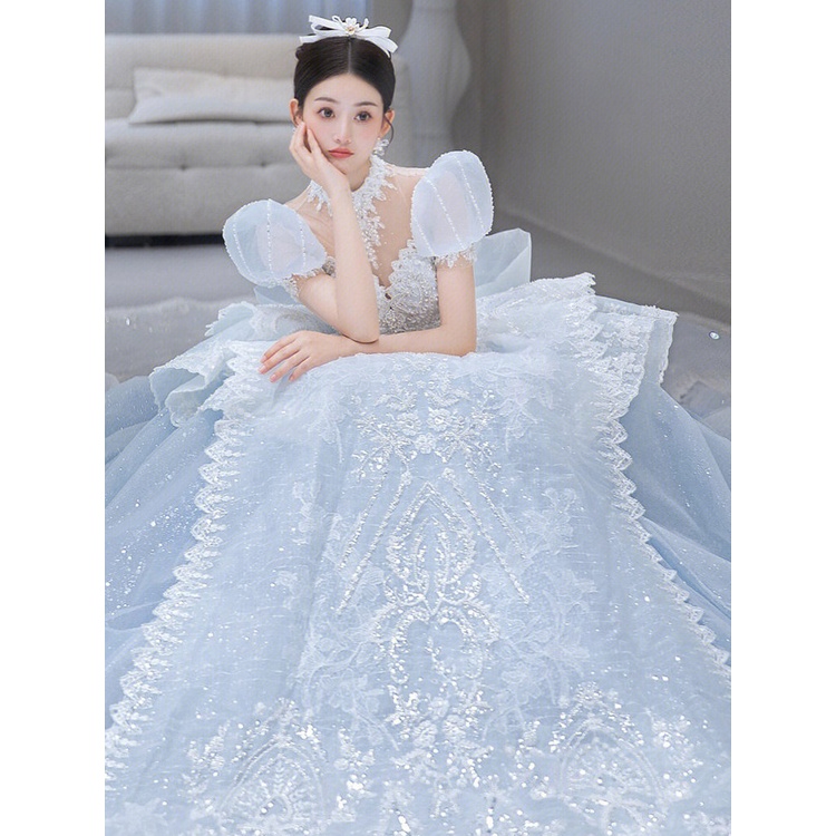 Baby Biru Gaun Pengantin Wanita Long Tail Bridal Wedding Dress Princess Bright Sequin Lace Beaded Wedding Gown Gaun Pengantin Wanita Ekor Panjang