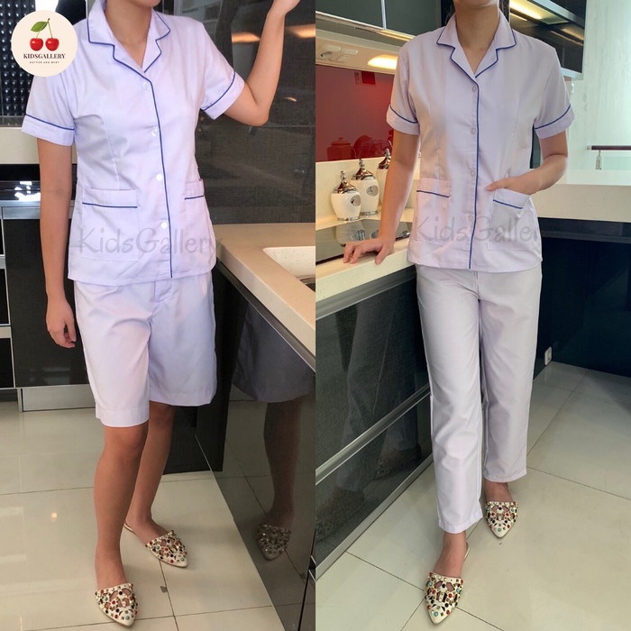 Baju Suster Baju seragam suster/ baju baby sitter/ baju nanny (lis biru) - S, Kulot(D4A7) baju suste