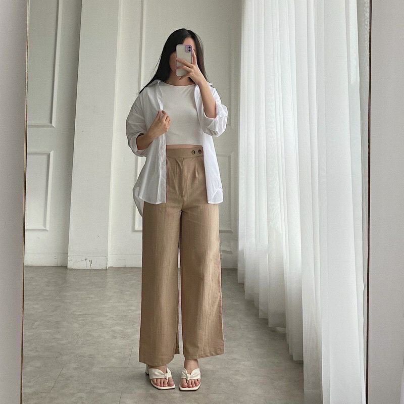 Tiwi Pants - Celana Kulot Wanita Linen Crinkle Highwaist Side Button - Cullote Pants Korean Style