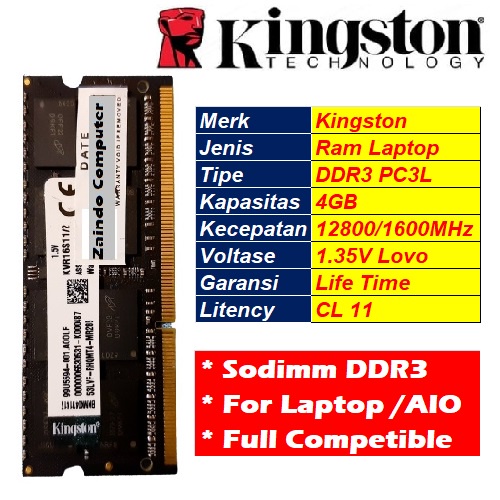 KINGSTON SODIMM DDR3 4GB PC3L 12800/1600 MHz 1.35V - MEMORY LAPTOP DDR3 4GB KINGSTON