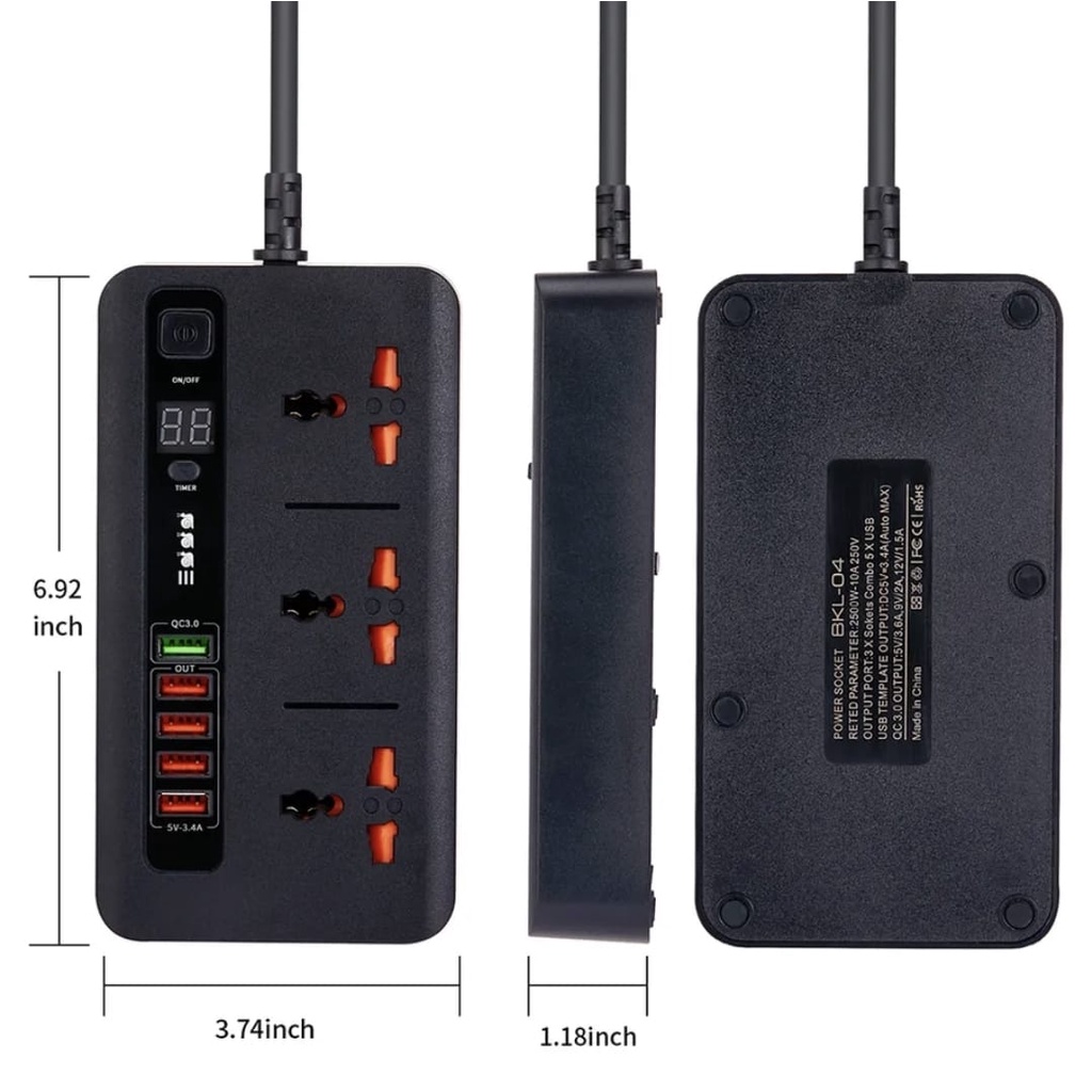 3 soket power 5 Usb Fast Charging Lcd Timer BKL 04 2500watt