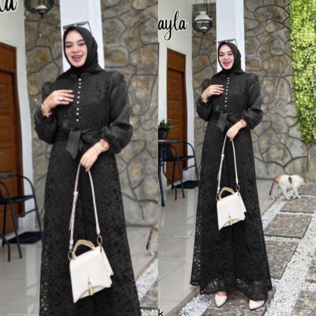 ELDE 12 - Maxy Dress Kalayla ( M - L - XL ) Maxi Gamis Bahan Brukat Corneli Premium Lapis Furing Depan Blkg Kombi Organza Import , Sleting Blkg Depan Kancing Variasi + Ada Tali Belt Organza