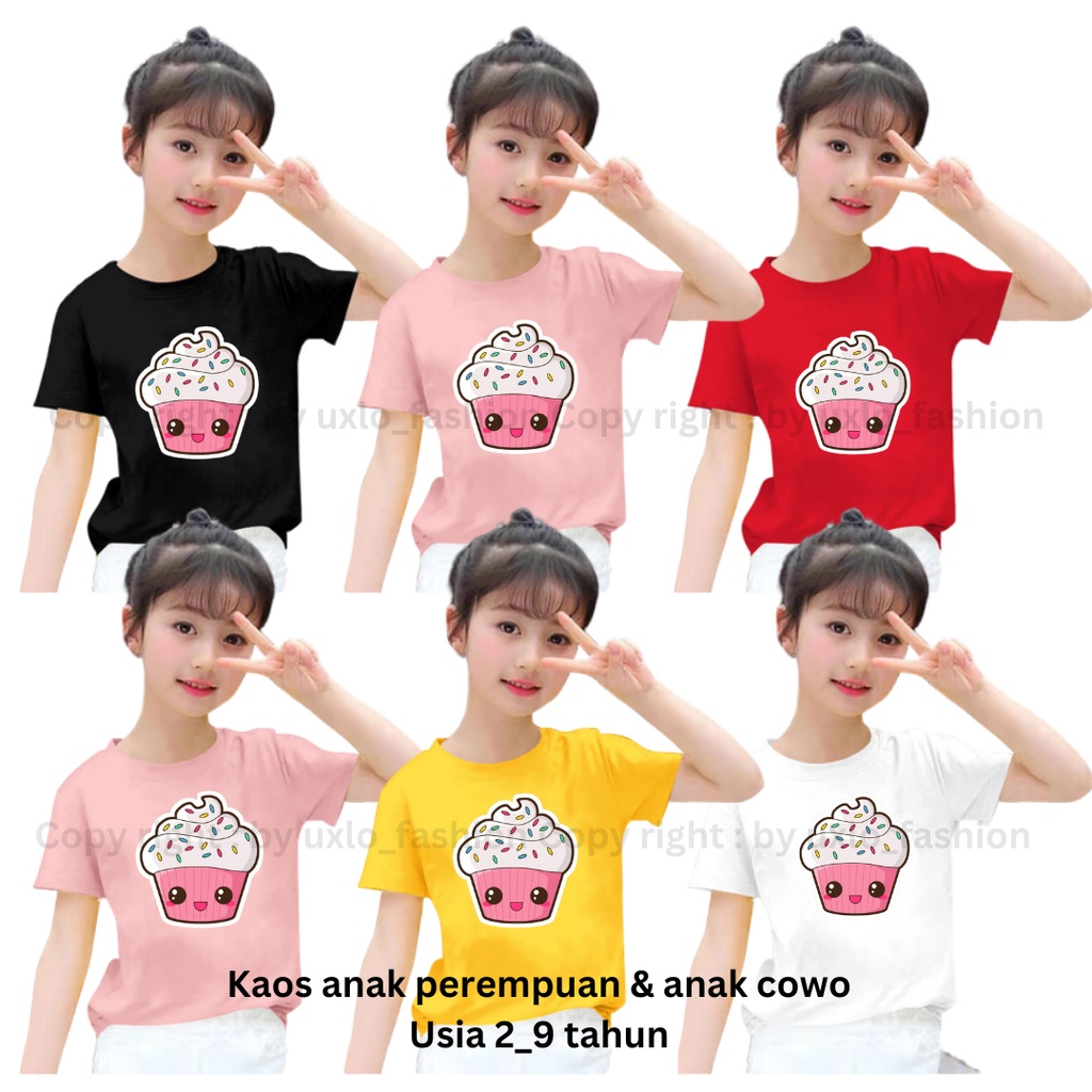 Baju Tshirt Murah Anak Cewe Dan Cowo Unisex Umur 2 -9 Tahun Motif Cupcake Lucu Uxlo Fashion