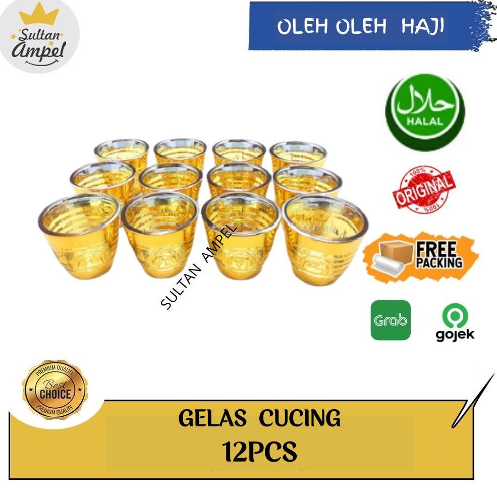 PALING DICARI Gelas Air Zamzam Gold Silver Kaca Set 12 pcs Gelas Cucing Arab Premium untuk Oleh Oleh