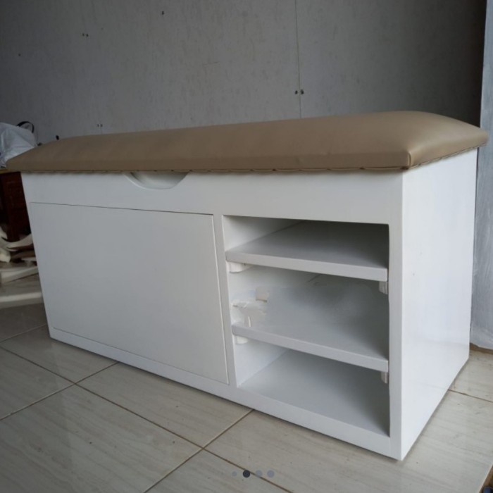 LJ1 Bench Rak Sepatu Kayu Jati - Sofa Rak Sepatu - Lemari Sepatu 3 Susun - Putih