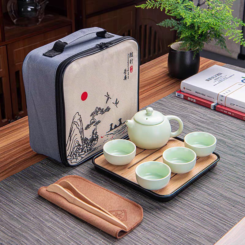 CHINES TEAPOT SET KERAMIK 4CUP TRAY SET TRAVEL BAG