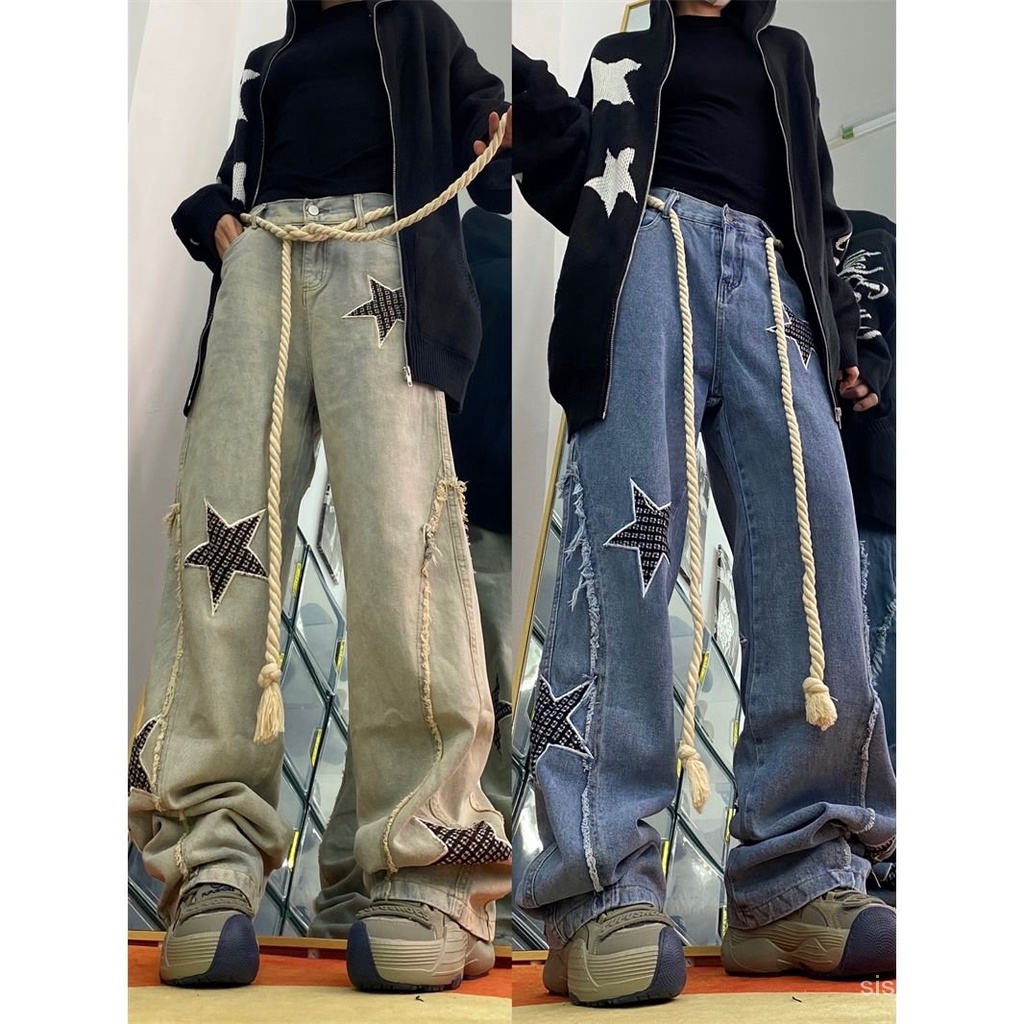 [✅BISA COD] #Sisjuly# Y2K Celana Jeans Wanita /Bordir Bintang Jeans Pinggang Tinggi Celana Kaki Lebar