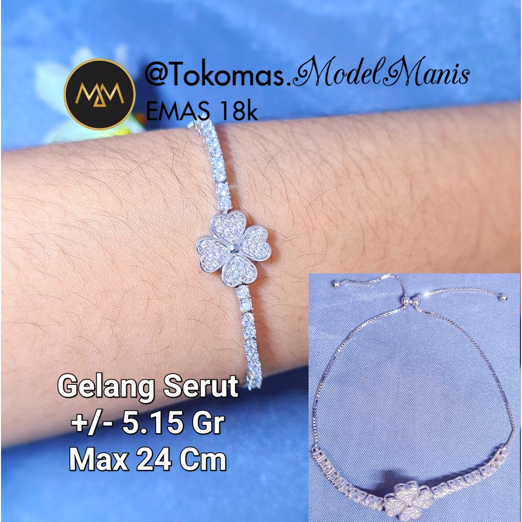 Gelang serut love clover emas putih 775 kadar 18k