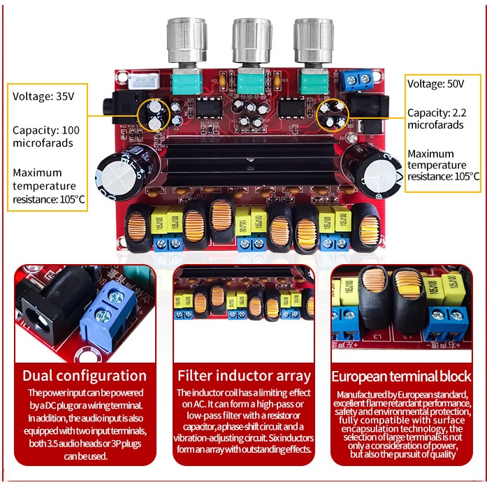 【XH-M139】 2.1 channel digital power amplifier board tegangan lebar 12V-24V 【TPA3116D2】 Daya tinggi 2*50W+100W