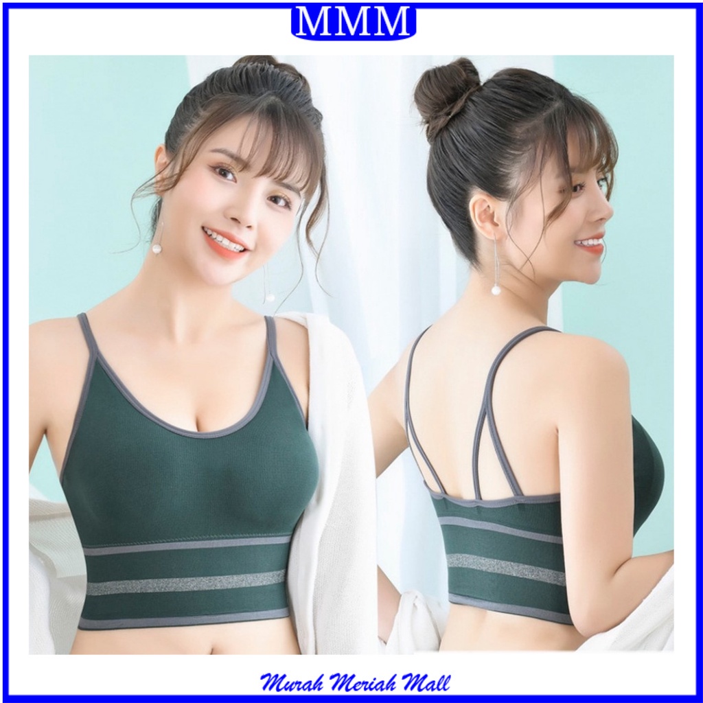 MMM Bra Sport Wanita Tanpa Kawat 6454 Tank Top Wanita Pakaian Dalam Wanita Ala Korea BH Sport Yoga Motif Garis Murah Import