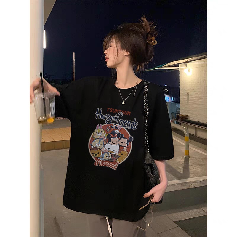 Kaos Couple Korean Style Oversize Letter and Cartoon Pattern Printing Lengan Pendek T-shirt Vintage Kaos Cream