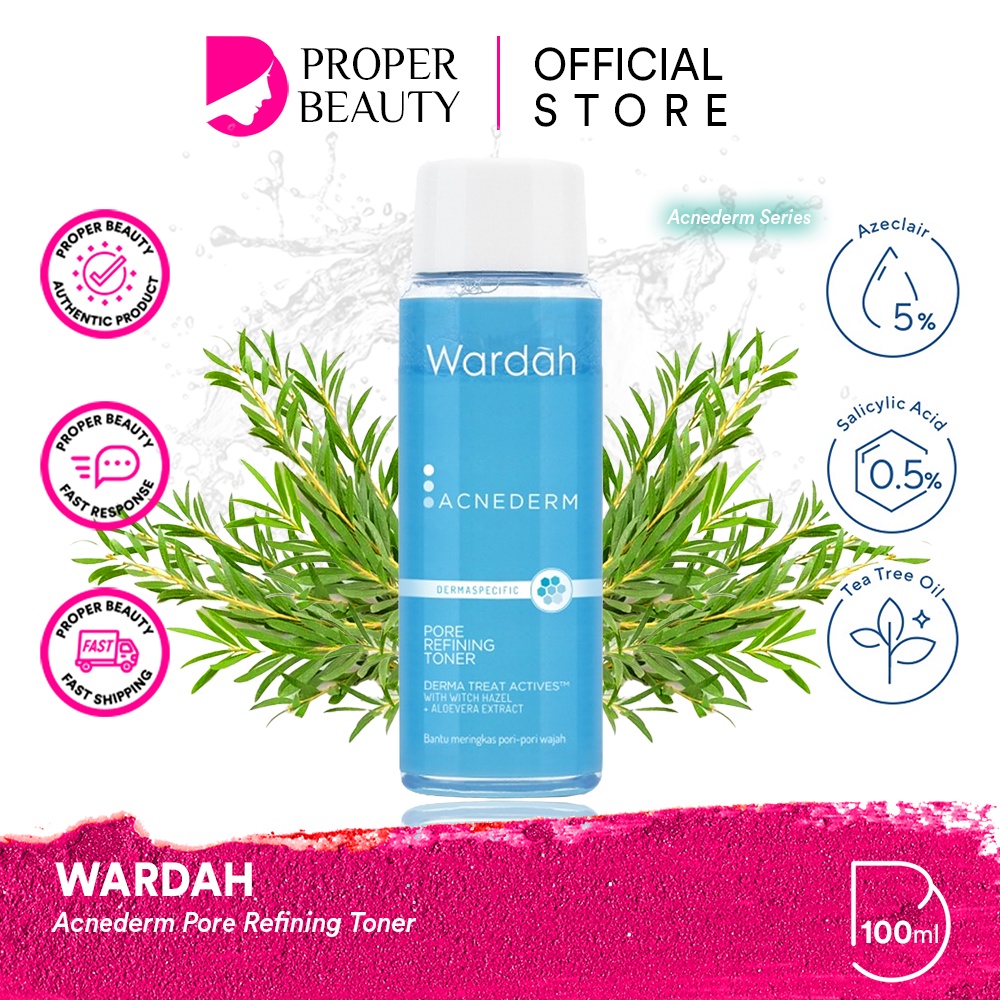 WARDAH Acnederm Pore Refining Toner Indonesia / Pembersih Wajah 100ml / Derma Treat Actives With Witch Hazel + Aloevera Extract / Bantu Meringkas Pori-Pori Wajah / Skincare Face Care Series Foaming Cleanser Serum Day Night Moisturizer Acne Spot Gel Powder