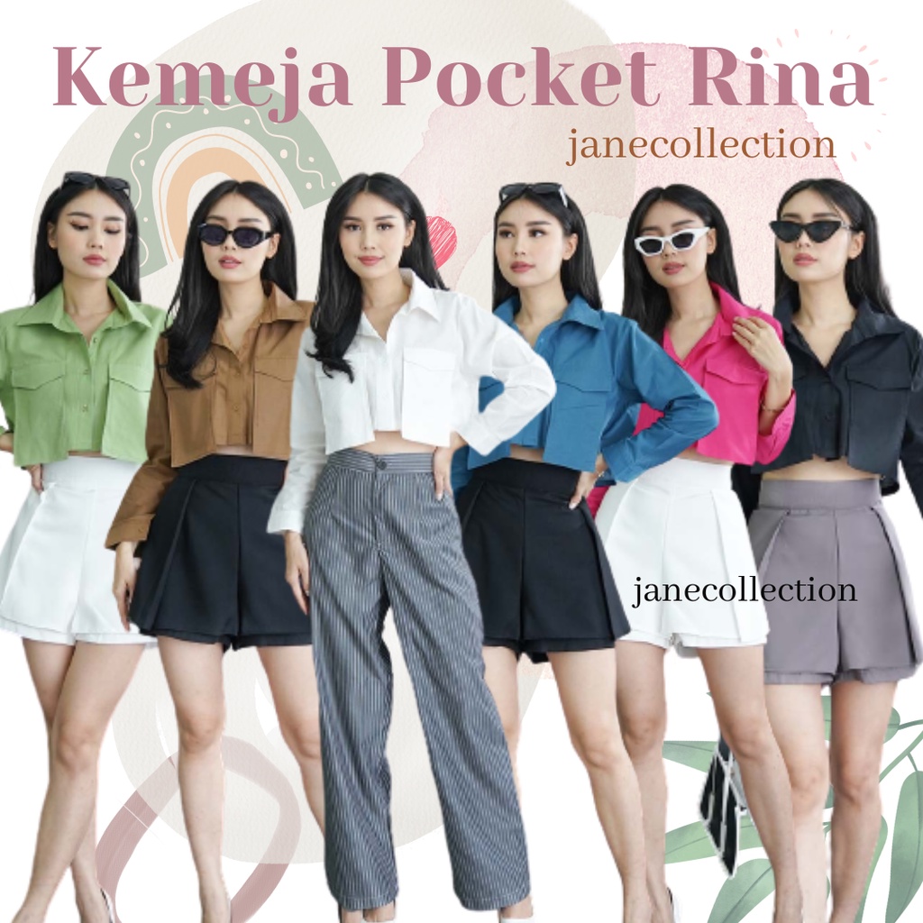 JANE COLLECTION || Kemeja Wanita Hitam Katun Blouse Cewek Kasual Kancing Crop Top Shirt Putih Lengan Panjang Kantong Cotton Kemeja Pocket Rina Fuschia