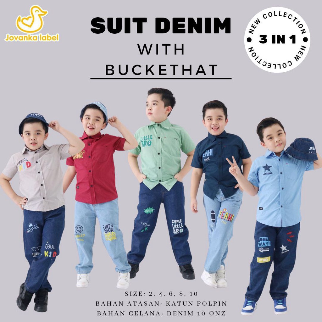 Setelan Suit Denim with Buckethat by Jovanka Label / Setelan Anak Kemeja Celana Jeans
