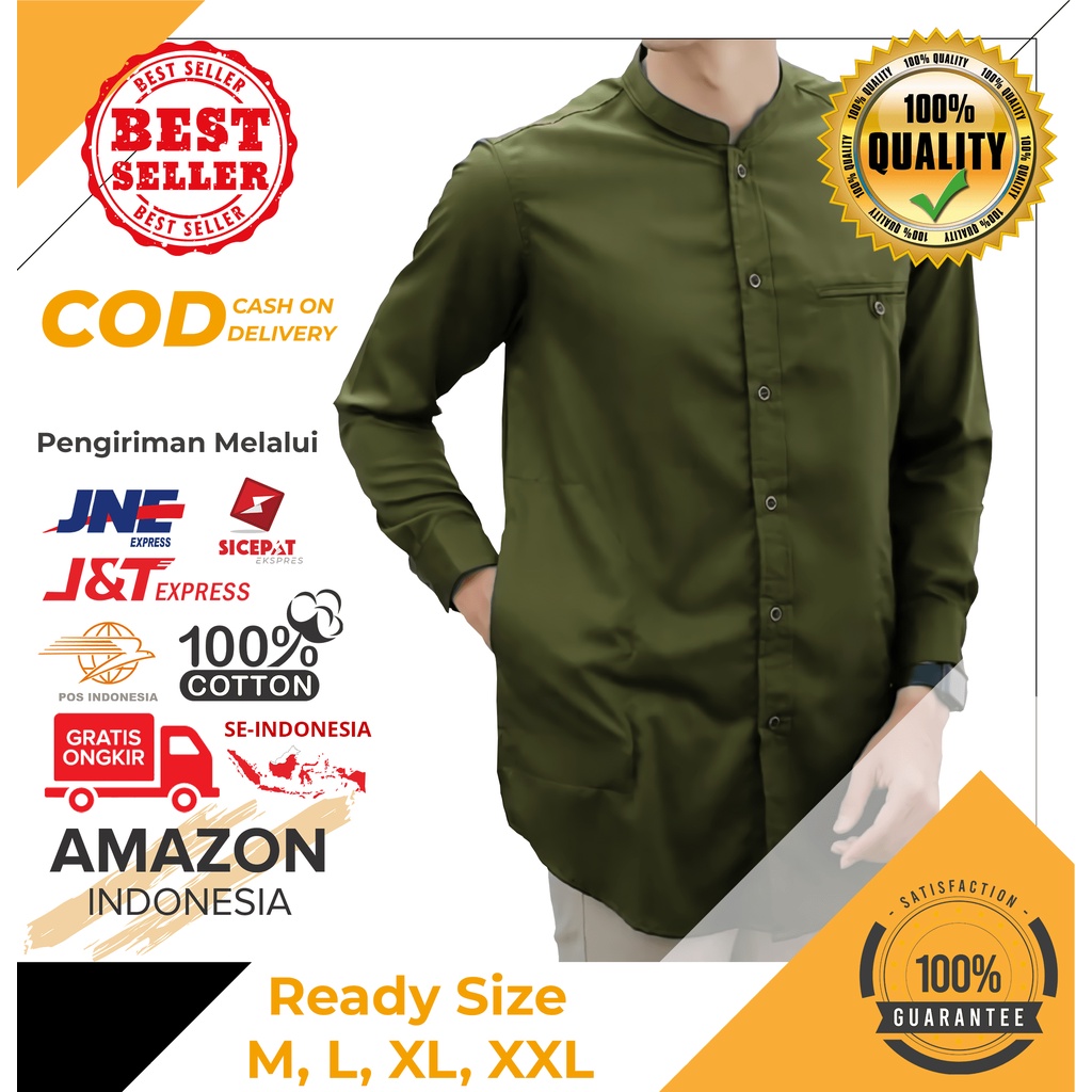 Baju Koko Pria Lengan Panjang Motif Polos Warna Army Toyobo - Baju Koko Pria Dewasa - Busana Muslim Pria - Baju Lebaran Pria - Koko Pria Dewasa - Muslim Pria - Baju Kokoh - Baju Koko Batik - Koko Batik Pria - Alqorni - Baju Ramadhan - Seragam Hadroh