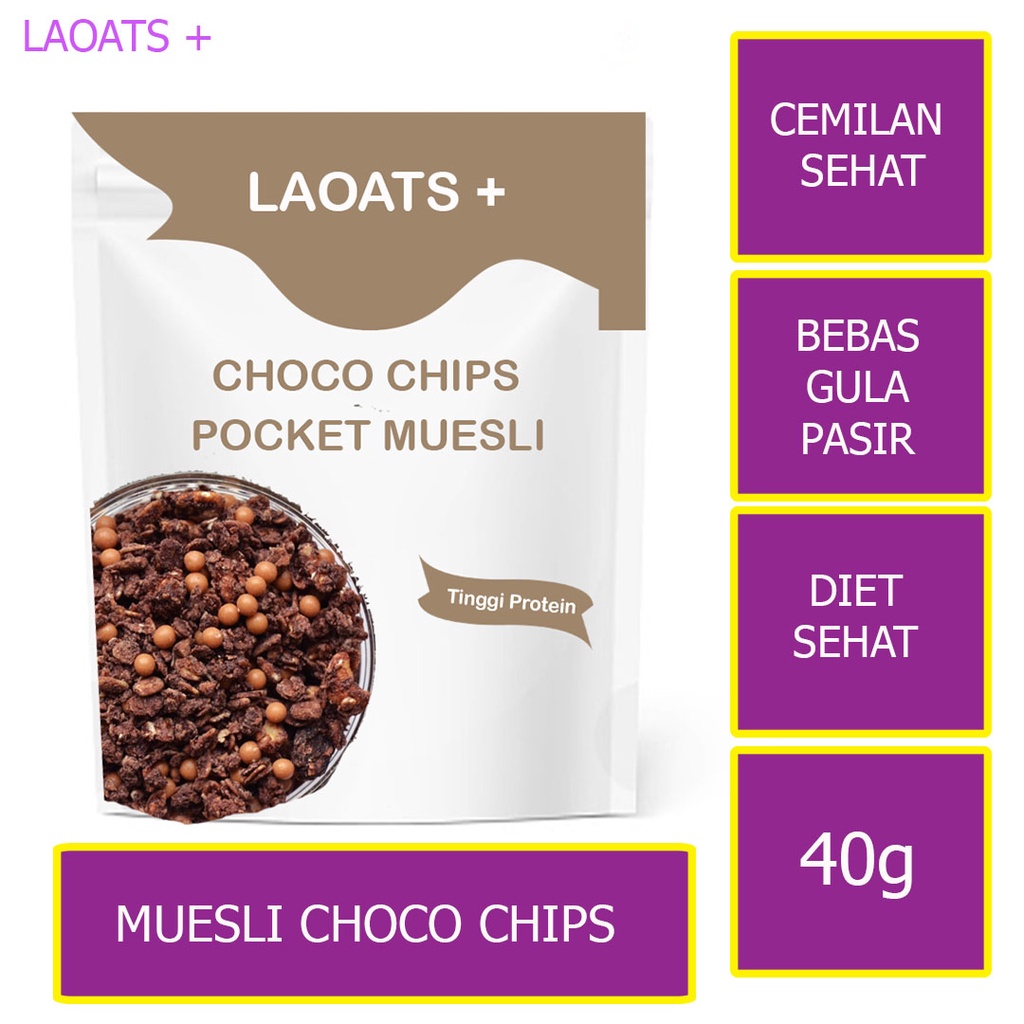 

Muesli Pocket Choco Chips Diet Granola Kacang Almond Snack Diet Rendah Kalori Cemilan Sehat Laoats