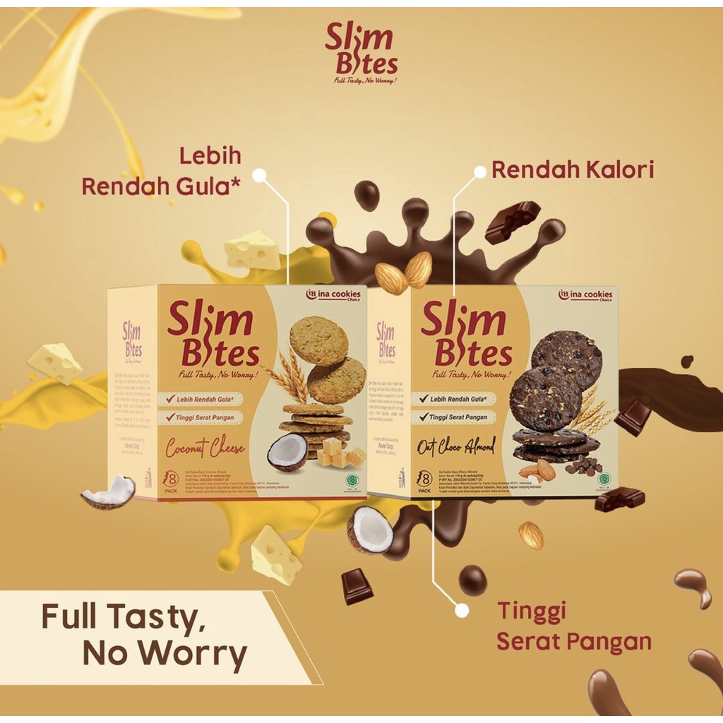 SLIM BITES Cookies - Cemilan Diet - Rendah Gula Tinggi Sehat - Kukis Oat Choco Almond Coconut Cheese - Ina Cookies