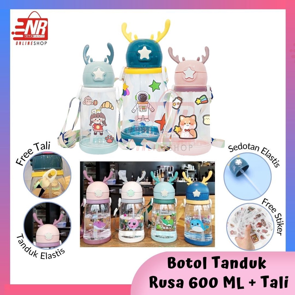 Botol Tanduk Rusa 600mL + Tali / Botol Tanduk Free Stiker / Botol Minum Anak / Botol Minum ANti Tumpah
