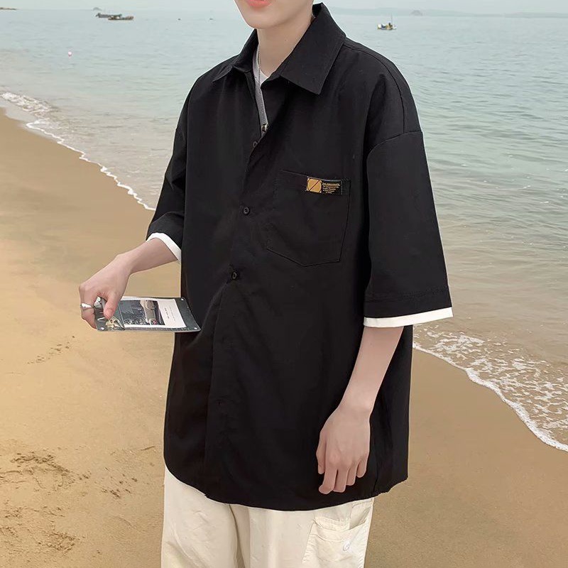 Kemeja Pria Korean Style Lengan Pendek Longgar Shirt Polos  Pria atasan kemeja oversize Baju Laki Laki hitam Kemeja Cowok Atasan pria Oversize terbaru Dua Potong kemeja Blue