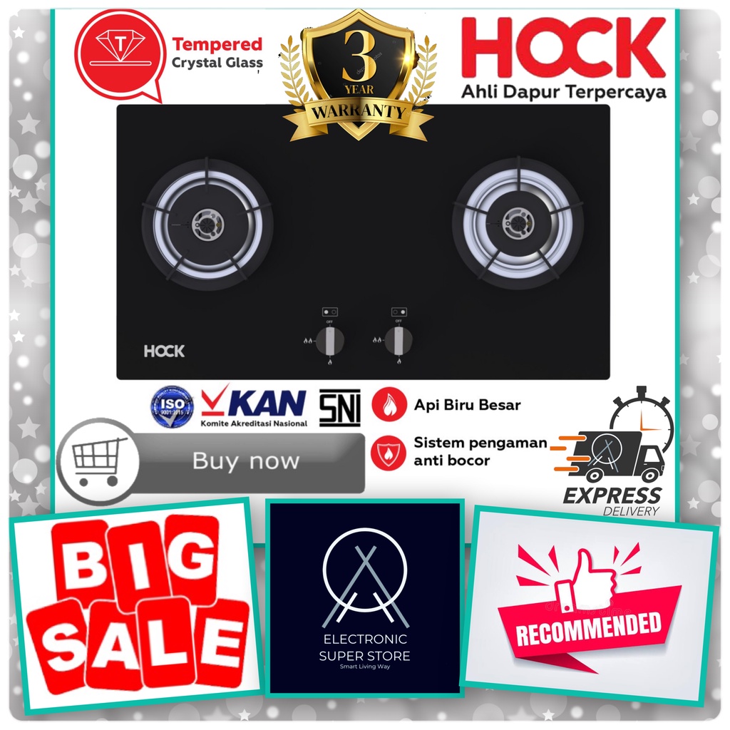 Hock HB-220OC Kompor Gas Tanam 2 Tungku Optima Crystal Tempered Glass Built-in Hob