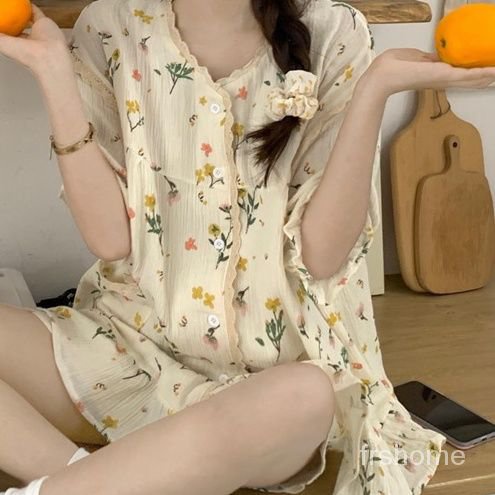 Piyama wanita musim panas tenun katun tipis lengan pendek musim panas manis lucu bisa dipakai di lua