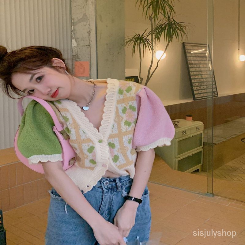Kardigan rajut n-neck warna kontras wanita musim semi 2023 new loose short top wanita