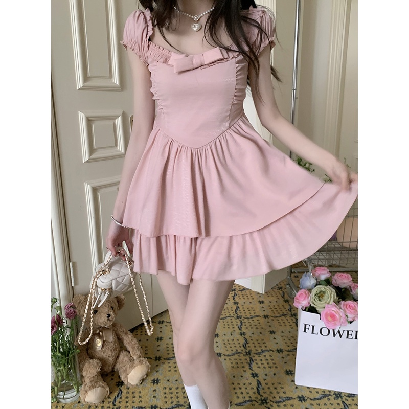 Red Kumikumi sweet style square collar pink bow dress female spring waist A-line skirt short skirt