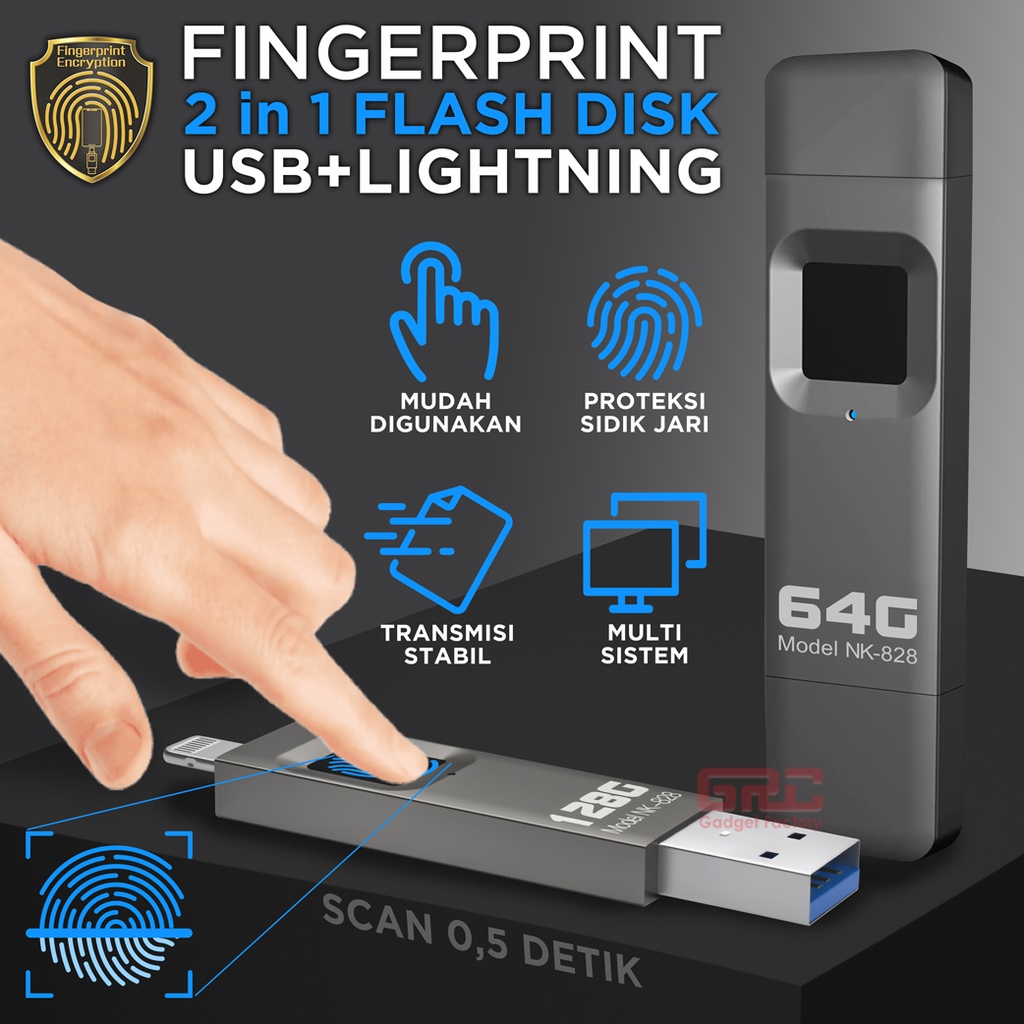 FlashDisk Dual Storage Hard Disk USB Lightning Fingerprint Unlock 2in1