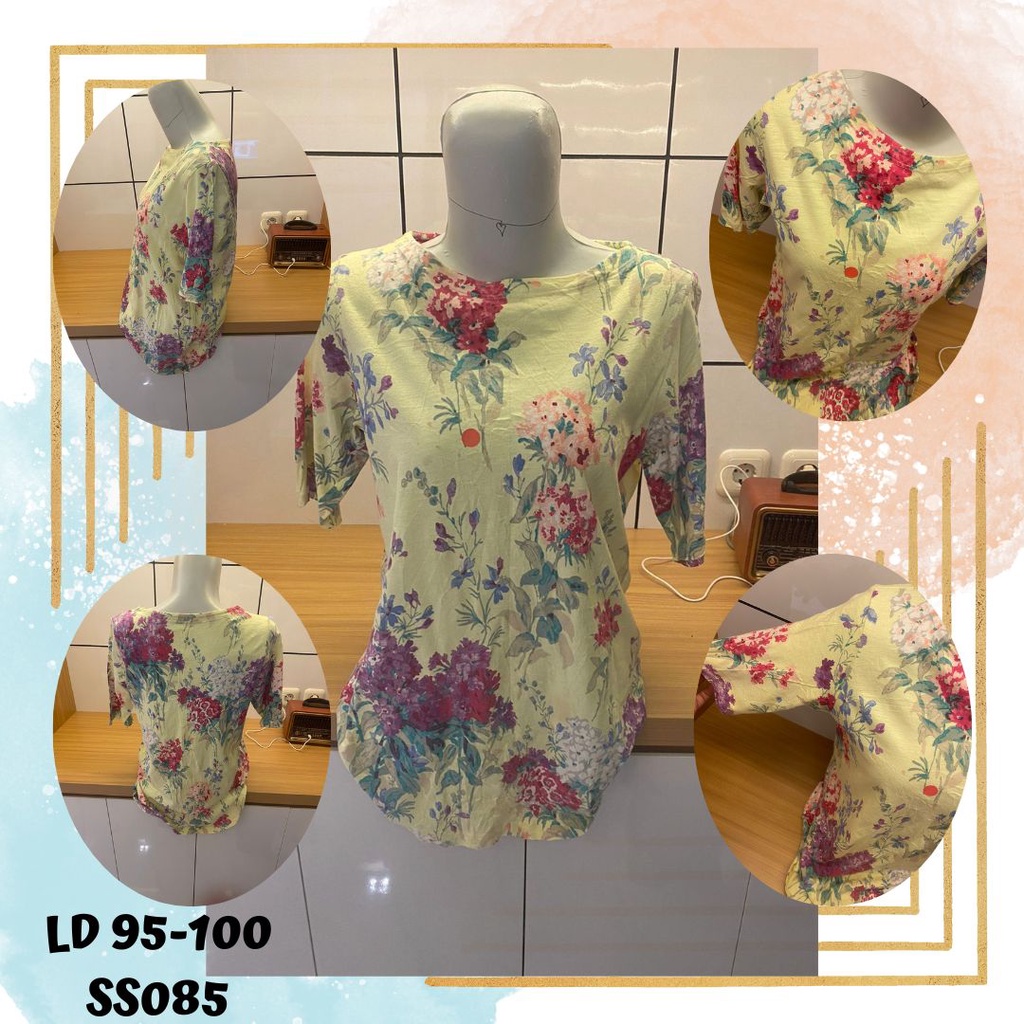 SS085 pakaian atasan wanita Kaos uniqlo motif kembang dasar kuning (reject) murah abis