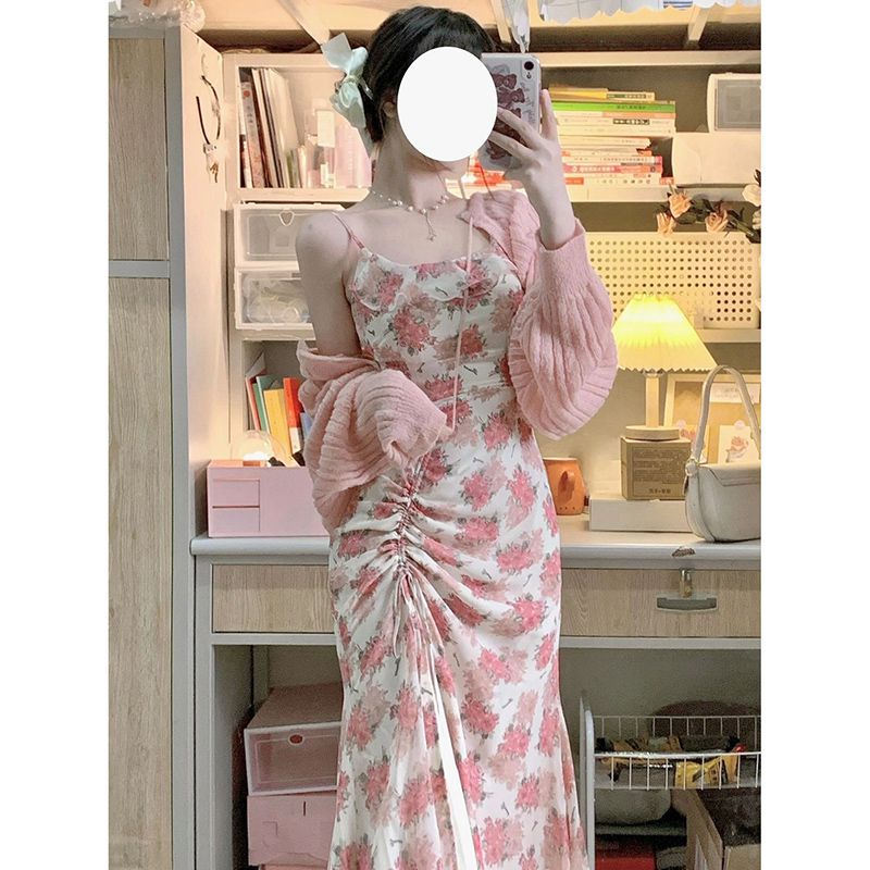 Red Bunga Suspender Rok Setelan Jas Dua Potong Wanita Musim Panas Versi Korea Baru dari In Super Fairy Pinggang Pelangsing Rok Panjang rajutan Cardigan