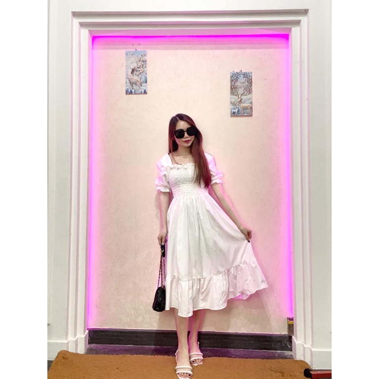 RD FASHION - SMOCKED DRESS / Gaun musim panas kasual baru Lengan pendek smocked dress lipit bunga dengan dasi belakang / gaun kasual A-line gaun smocked berlipat bunga lengan pendek-PUTIH POLOS