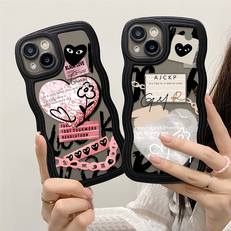 Fashion Love Heart Label Case Oppo A17 A57 A96 A54 A77 A5s A76 A16 A12 A95 A15 A17K A55 A16s A3s A5 A9 A74 A7 A16K A1k A77s A53 A52 Reno 85f 7Z 6 Wavy Edge Soft TPU Cover