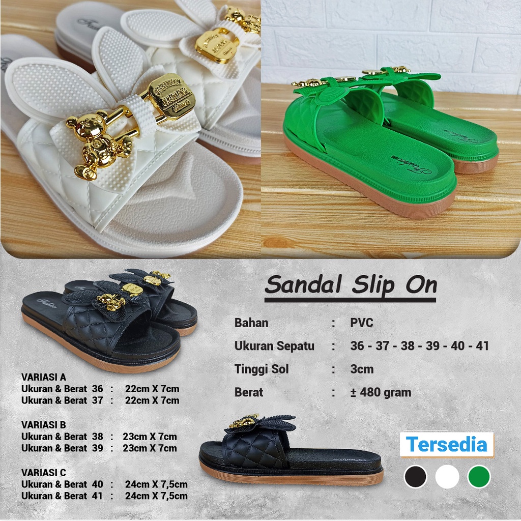 Sandal Slop Flat Sandal Wanita Slip On Motif Pita Kelinci Fashion Style Cewek Sandal Kasual Nyaman Empuk PVC Satu7an SPT-56