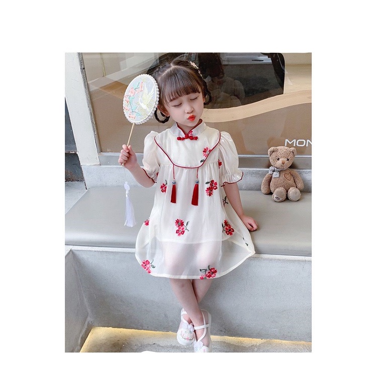 Dress Anak Perempuan Cheonsam Satin Merah Cream Impor