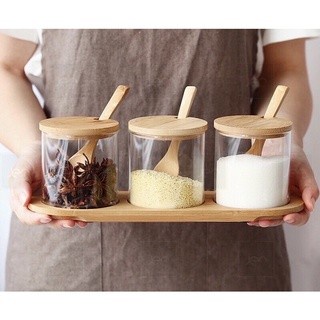 CHS Tempat bumbu kaca tutup kayu dilengkapi sendok kayu