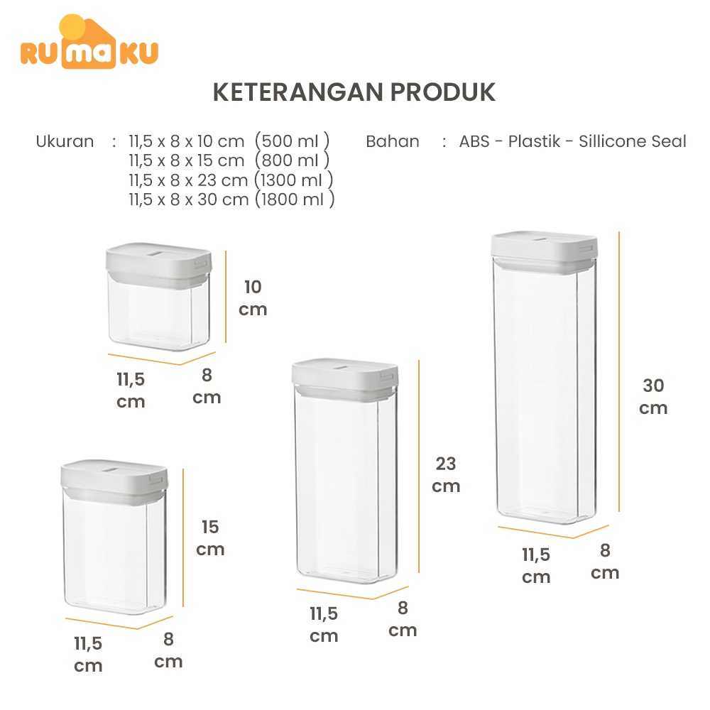 Rumaku Toples Penyimpanan Kue Makanan Biji Bijian Serbaguna Kedap Udara Tutup Putih Premium