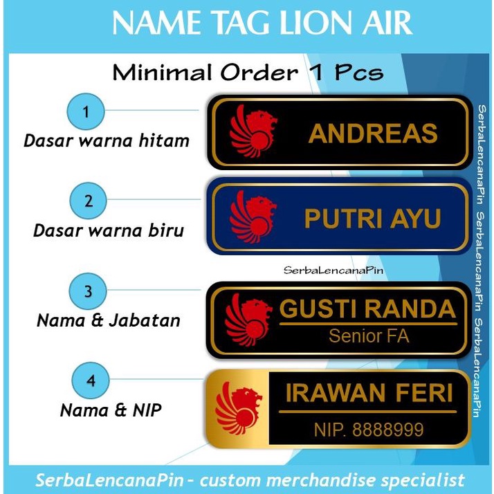 

Name Tag Lion Air - Papan Nama Dada Kuningan Resin Logo Lion Air - Minimal Order 1 pcs