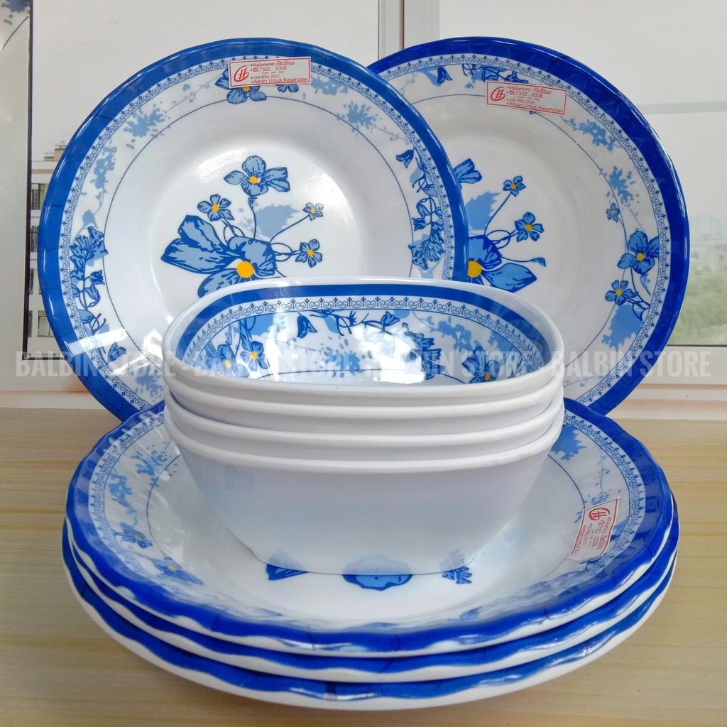 PROMO SATU SET PERALATAN MAKAN BAHAN MELAMINE 6 PCS  ISI PIRING MAKAN MOTIF BLUE ROSE 9.INC DAN MANGKUK MOTIF BLUE ROSE 6.INC Food Grade